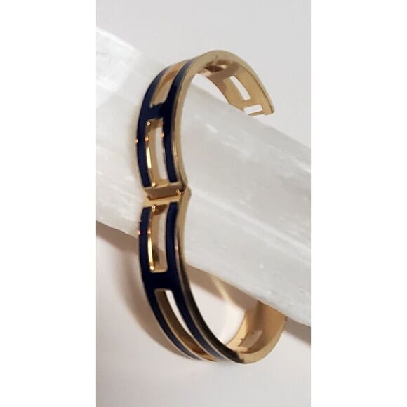 J. Crew Bracelet Hinged with Lock Navy Blue Enamel Gold Pierced Panels Bordered - Picture 6 of 12